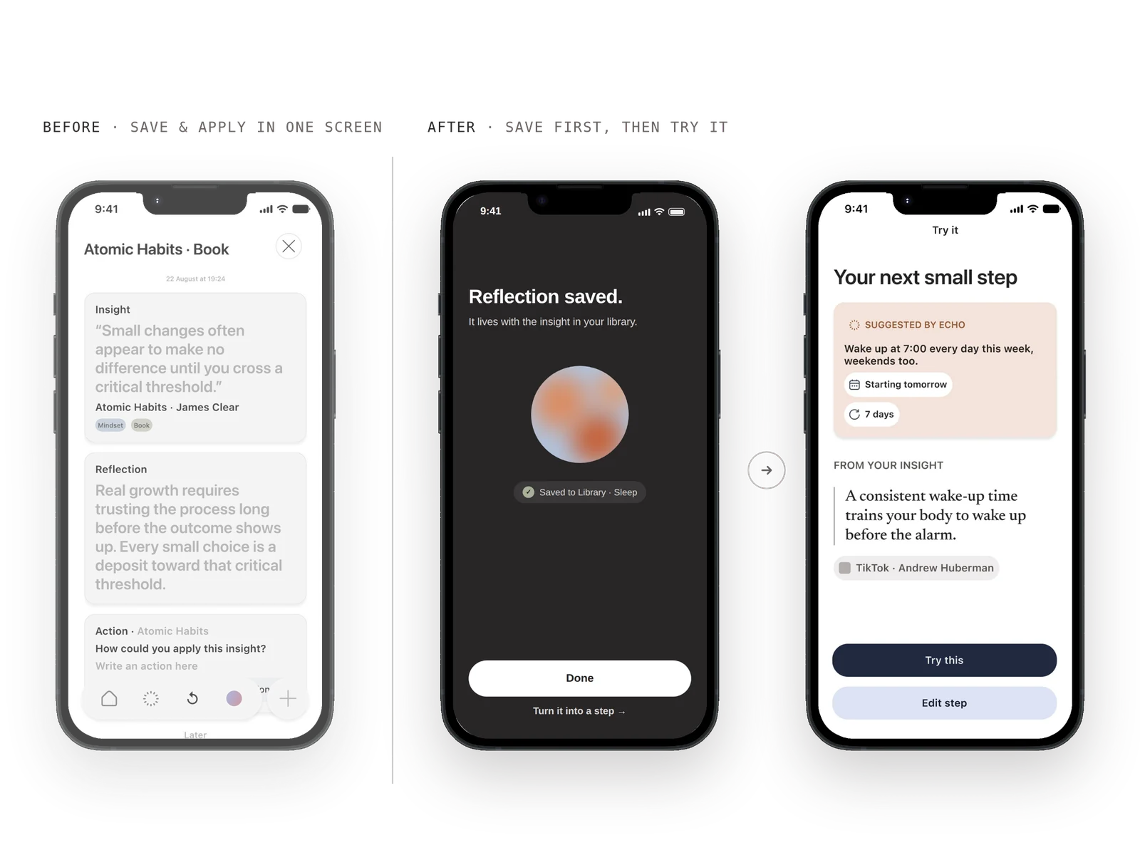 Before: one screen asking for insight, reflection and action at once. After: the reflection is saved first, then turned into one small step to try.