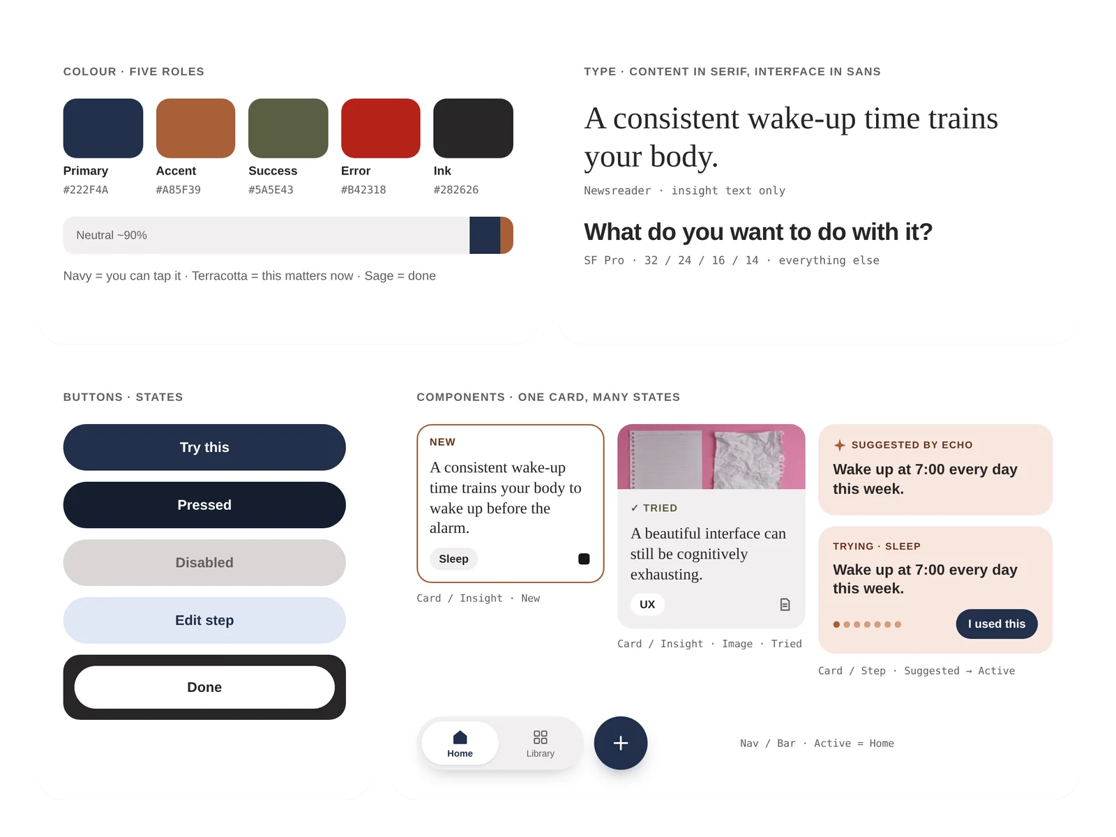 echo mini design system: five colour roles, serif and sans type pairing, button states and one card component in many states