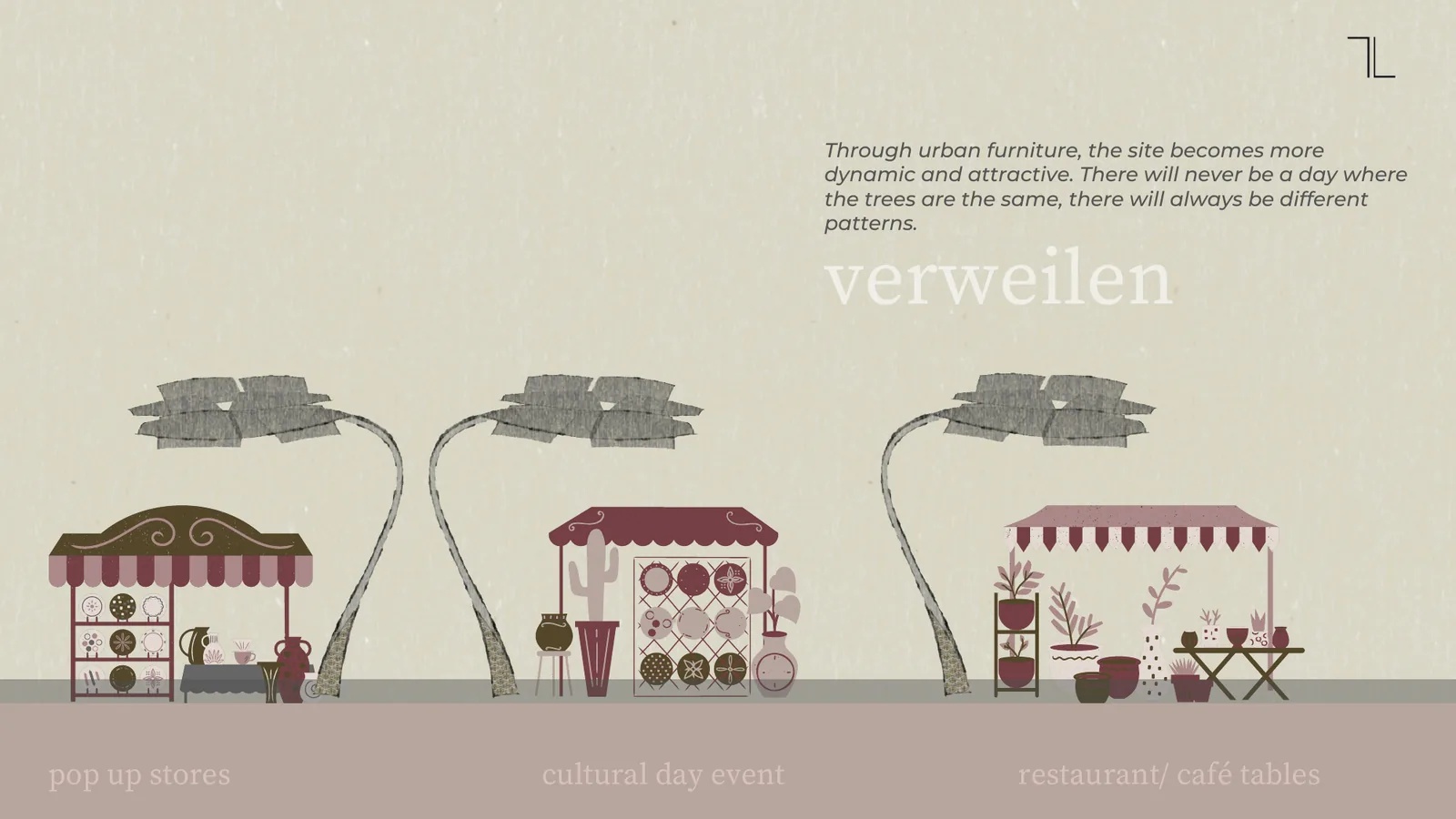 Illustration of three trees above a pop-up store, a cultural day event and restaurant tables
